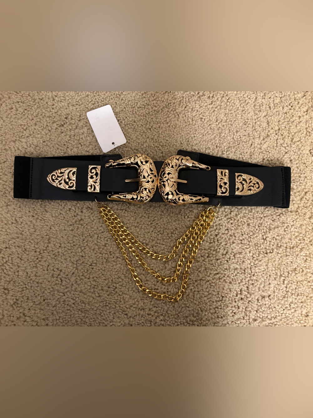 Black Elastic Waist Belt with Gold Filigree Buckles and Chain